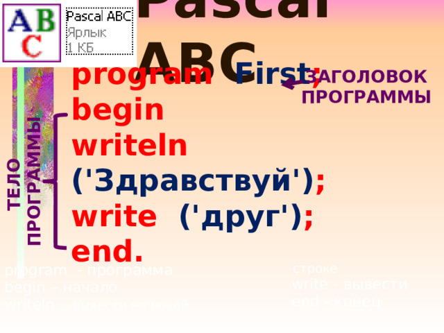 Pascal ABC ТЕЛО ПРОГРАММЫ ЗАГОЛОВОК ПРОГРАММЫ program First ; begin writeln ('Здравствуй') ; write ('друг') ; end. program - программа begin – начало  строке writeln - вывести на новой write - вывести end - конец 