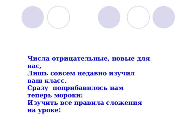 Числа отрицательные, новые для вас, Лишь совсем недавно изучил ваш класс. Сразу поприбавилось нам теперь мороки: Изучить все правила сложения на уроке! 