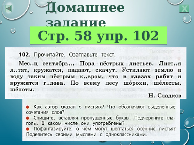 Домашнее задание Х Стр. 58 упр. 102 Учитель поясняет, как дома выполнить упражнение 5 