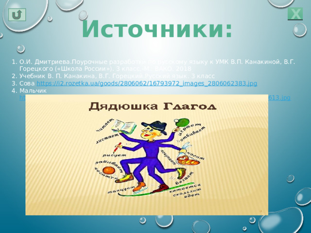 Х Источники: О.И. Дмитриева.Поурочные разработки по русскому языку к УМК В.П. Канакиной, В.Г. Горецкого («Школа России»). 3 класс.-М.: ВАКО, 2018 Учебник В. П. Канакина, В.Г. Горецкий.Русский язык. 3 класс Сова https://i2.rozetka.ua/goods/2806062/16793972_images_2806062383.jpg Мальчик https://zabavnik.club/wp-content/uploads/Kartinki_dlya_detey_pro_knigu_1_05180613.jpg 