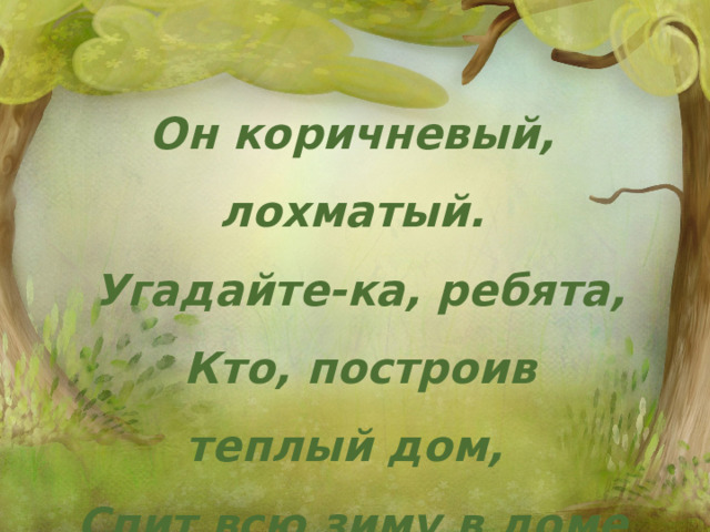 Он коричневый, лохматый.  Угадайте-ка, ребята,  Кто, построив теплый дом, Спит всю зиму в доме том? 