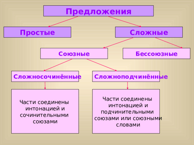 Предложения Простые Сложные Союзные Бессоюзные Сложноподчинённые Сложносочинённые Части соединены Части соединены интонацией и интонацией и сочинительными подчинительными союзами союзами или союзными словами 