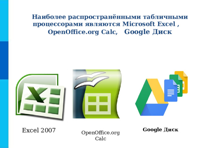 Наиболее распространёнными табличными процессорами являются Microsoft Excel ,  OpenOffice . org Calc , Google  Диск   Excel 200 7 Google   Диск   OpenOffice . org Calc 