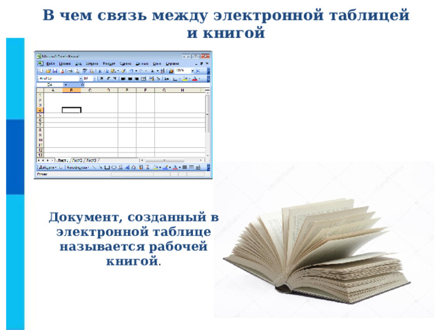 В чем связь между электронной таблицей и книгой Документ, созданный в электронной таблице называется рабочей книгой . 