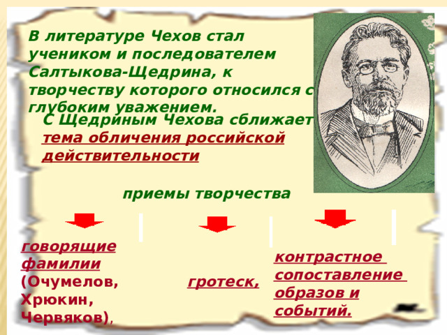   В литературе Чехов стал учеником и последователем Салтыкова-Щедрина, к творчеству которого относился с глубоким уважением.  С Щедриным Чехова сближает  тема обличения российской действительности  приемы творчества говорящие фамилии  (Очумелов, Хрюкин, Червяков) , контрастное сопоставление образов и событий. гротеск, 