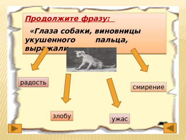 Продолжите фразу:  «Глаза собаки, виновницы укушенного пальца, выражали радость смирение злобу ужас 