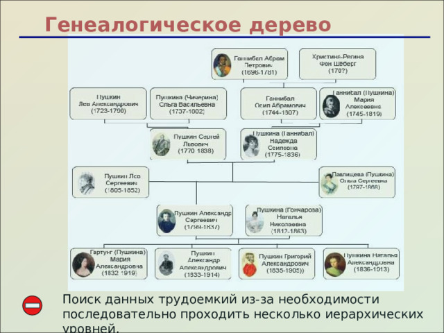 Генеалогическое дерево Поиск данных трудоемкий из-за необходимости последовательно проходить несколько иерархических уровней.   