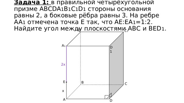 Задача 1: в правильной четырёхугольной призме ABCDA 1 B 1 C 1 D 1 стороны основания равны 2, а боковые рёбра равны 3. На ребре AA 1 отмечена точка Е так, что АЕ:ЕА 1 =1:2. Найдите угол между плоскостями АВС и BED 1 . B 1 C 1 A 1 D1 2x E B C x A D 