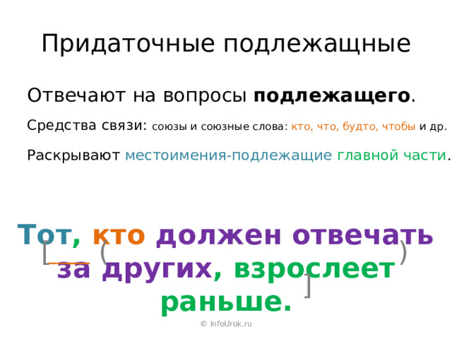 Придаточные подлежащные Отвечают на вопросы подлежащего . Средства связи: союзы и союзные слова: кто, что, будто, чтобы и др. Раскрывают местоимения-подлежащие  главной части . ) [ ( Тот , кто должен отвечать за других , взрослеет раньше. ] © InfoUrok.ru 