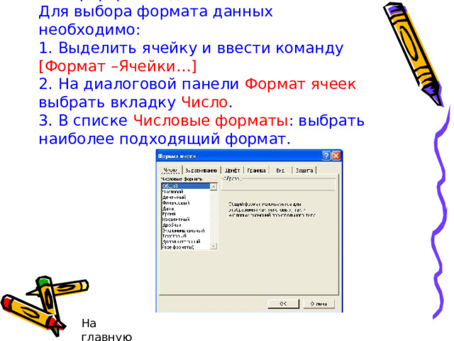 Выбор формата данных.  Для выбора формата данных необходимо:  1. Выделить ячейку и ввести команду [Формат –Ячейки…]  2. На диалоговой панели Формат ячеек выбрать вкладку Число .  3. В списке Числовые форматы : выбрать наиболее подходящий формат. На главную 
