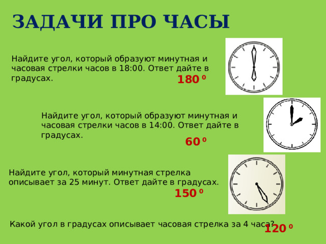 ЗАДАЧИ ПРО ЧАСЫ Найдите угол, который образуют минутная и часовая стрелки часов в 18:00. Ответ дайте в градусах. 180 0 Найдите угол, который образуют минутная и часовая стрелки часов в 14:00. Ответ дайте в градусах. 60 0 Найдите угол, который минутная стрелка описывает за 25 минут. Ответ дайте в градусах. 150 0 Какой угол в градусах описывает часовая стрелка за 4 часа? 120 0 