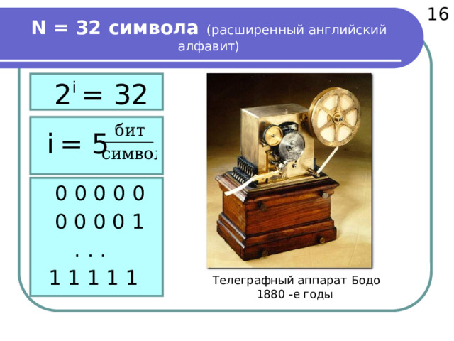  16 N = 32 символа (расширенный английский алфавит)  2 i = 32  i  = 5  0 0 0 0 0  0 0 0 0 1 . . . 1 1 1 1 1 Телеграфный аппарат Бодо 1880 -е годы 
