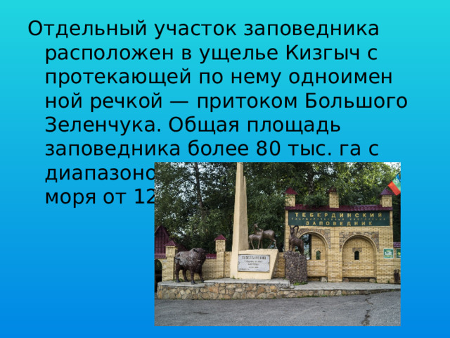 Отдельный участок заповедника расположен в ущелье Кизгыч с протекающей по нему одноимен­ной речкой — притоком Большо­го Зеленчука. Общая площадь заповедника более 80 тыс. га с диапазоном высот над уровнем моря от 1260 до 4047 метров. 