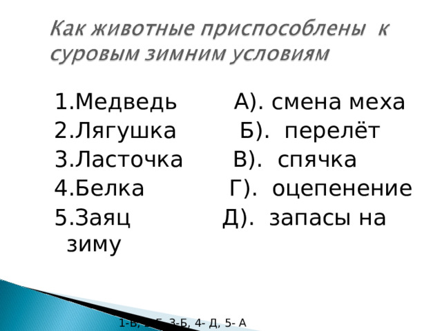 1.Медведь А). смена меха 2.Лягушка Б). перелёт 3.Ласточка В). спячка 4.Белка Г). оцепенение 5.Заяц Д). запасы на зиму 1-В, 2-Г, 3-Б, 4- Д, 5- А 