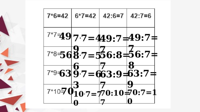 49 49:7=7 7 . 7=49 49:7=7 56:7=8 56 56:8=7 8 . 7=56 63:7=9 63 9 . 7=63 63:9=7 70 70:7=10 70:10=7 10 . 7=70 