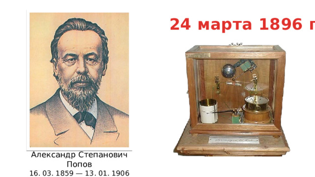 24 марта 1896 г Александр Степанович Попов 16. 03. 1859 — 13. 01. 1906 