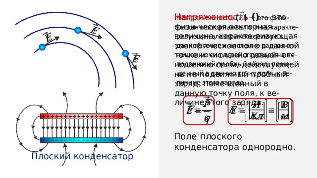     Напряженность  ()  — это физи-ческая векторная величина, характе-ризующая электрическое поле в данной точке и численно равная от-ношению силы, действующей на не-подвижный пробный заряд, поме-щенный в данную точку поля, к ве-личине этого заряда.         Поле плоского конденсатора однородно. Плоский конденсатор 
