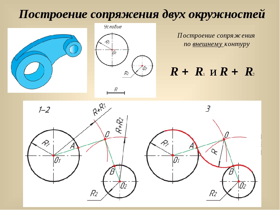 Виды радиусов. Сопряжение двух окружностей чертежи. Сопряжение в черчении чертеж. Внутреннее сопряжение Инженерная Графика. Сопряжение в черчение Инженерная Графика.