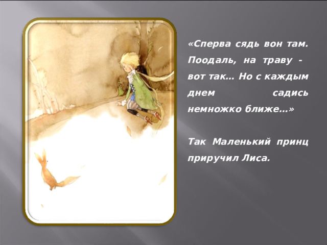 «Сперва сядь вон там. Поодаль, на траву - вот так… Но с каждым днем садись немножко ближе…»  Так Маленький принц приручил Лиса.  