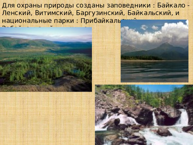 Для охраны природы созданы заповедники : Байкало - Ленский, Витимский, Баргузинский, Байкальский, и национальные парки : Прибайкальский, Забайкальский и другие. 