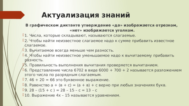 Актуализация знаний   В графическом диктанте утверждение «да» изображается отрезком, «нет» изображается уголком. 1.  Числа, которые складывают, называются слагаемые. 2.  Чтобы найти неизвестное слагаемое надо к сумме прибавить известное слагаемое. 3.  Вычитаемое всегда меньше чем разность. 4.  Чтобы найти неизвестное уменьшаемое надо к вычитаемому прибавить разность. 5.  Правильность выполнения вычитания проверяется вычитанием. 6.  Представление числа 6702 в виде 6000 + 700 + 2 называется разложением этого числа по разрядным слагаемым. 7.  46 + 20 = 66 это буквенное выражение. 8.  Равенство а + (в + с) = (а + в) + с верно при любых значениях букв. 9.  28 – (15 + с ) = 28 – 15 – с = 13 – с 10.  Выражение 4х – 15 называется уравнением. 