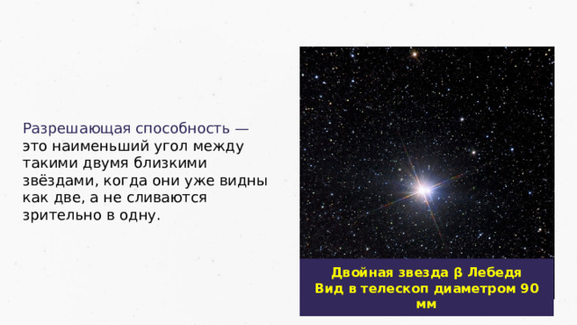 Разрешающая способность — это наименьший угол между такими двумя близкими звёздами, когда они уже видны как две, а не сливаются зрительно в одну. Двойная звезда β Лебедя Вид в телескоп диаметром 90 мм 21 