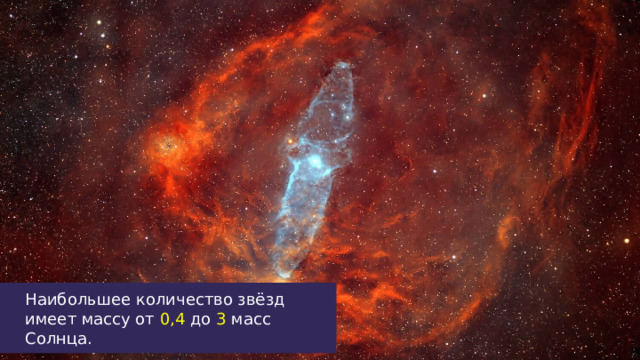 Наибольшее количество звёзд имеет массу от 0,4 до 3 масс Солнца. 33 