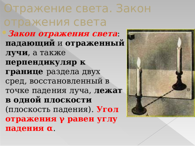 Отражение света. Закон отражения света Закон отражения света : падающий и отраженный лучи , а также перпендикуляр к границе раздела двух сред, восстановленный в точке падения луча, лежат в одной плоскости (плоскость падения). Угол отражения γ равен углу падения α . 