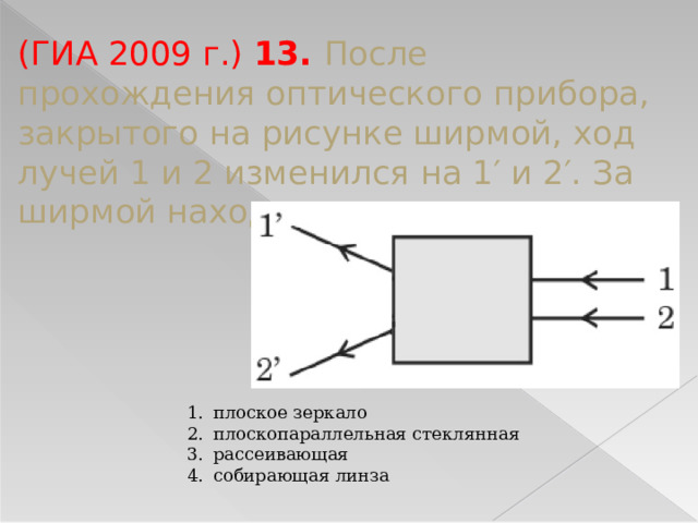 (ГИА 2009 г.) 13.  После прохождения оптического прибора, закрытого на рисунке ширмой, ход лучей 1 и 2 изменился на 1′ и 2′. За ширмой находится плоское зеркало плоскопараллельная стеклянная рассеивающая собирающая линза 