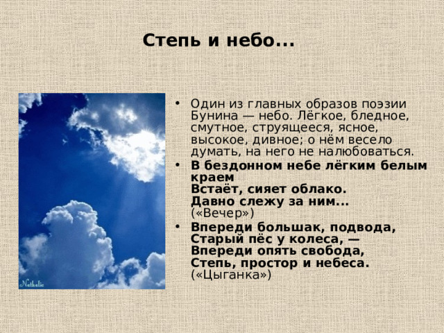 Степь и небо...   Один из главных образов поэзии Бунина — небо. Лёгкое, бледное, смутное, струящееся, ясное, высокое, дивное; о нём весело думать, на него не налюбоваться. В бездонном небе лёгким белым краем  Встаёт, сияет облако.  Давно слежу за ним...  («Вечер») Впереди большак, подвода,  Старый пёс у колеса, —  Впереди опять свобода,  Степь, простор и небеса.  («Цыганка») 