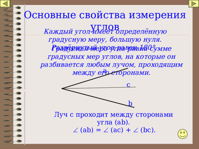 Основные свойства измерения углов Каждый угол имеет определённую градусную меру, большую нуля. Развёрнутый угол равен 180 ° . Градусная мера угла равна сумме градусных мер углов, на которые он разбивается любым лучом, проходящим между его сторонами. а c b Луч с проходит между сторонами угла ( ab ).   (а b ) =  (ас) +  ( bc ). 