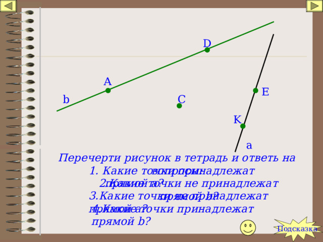 D A E C b K a Перечерти рисунок в тетрадь и ответь на вопросы: 1. Какие точки принадлежат прямой а? 2.Какие точки не принадлежат прямой b ? 3.Какие точки не принадлежат прямой а? 4.Какие точки принадлежат прямой b ? Подсказка 