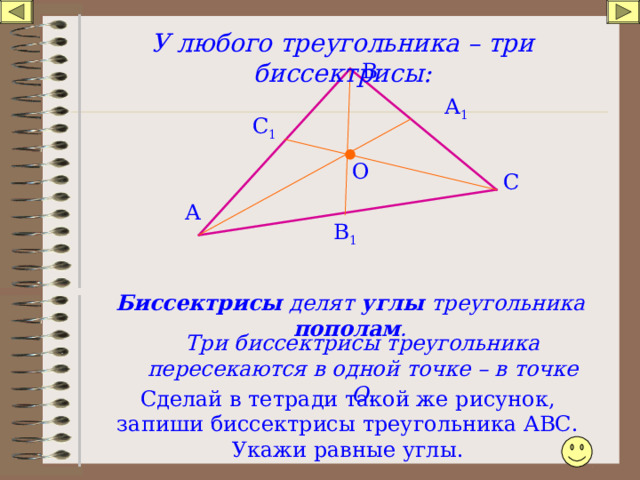 У любого треугольника – три биссектрисы: В А 1 С 1 О С А В 1 Биссектрисы делят углы треугольника пополам . Три биссектрисы треугольника пересекаются в одной точке – в точке О. Сделай в тетради такой же рисунок, запиши биссектрисы треугольника АВС. Укажи равные углы. 