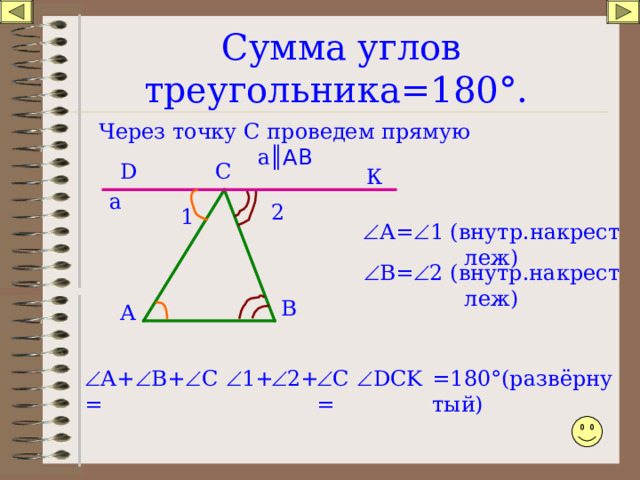 Сумма углов треугольника=180 ° . Через точку С проведем прямую а ║АВ С D К а 2 1  А=  1 (внутр.накрест леж)  В=  2 (внутр.накрест леж) В А  А+  В+  С=  1+  DCK  2+  С= =180 °( развёрнутый) 