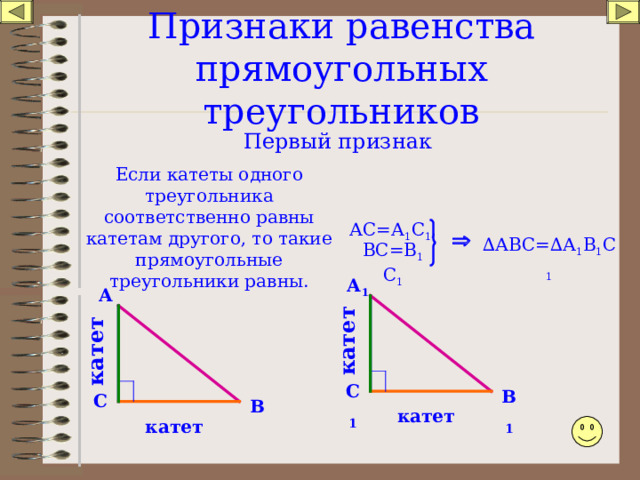 катет катет Признаки равенства прямоугольных треугольников Первый признак Если катеты одного треугольника соответственно равны катетам другого, то такие прямоугольные треугольники равны. АС=А 1 С 1 ,  ∆ АВС=∆ А 1 В 1 С 1 ВС=В 1 С 1 А 1 А С 1 В 1 С В катет катет 