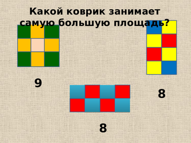 Какой коврик занимает самую большую площадь? 9 8 8 