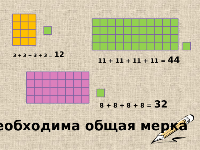 3 + 3 + 3 + 3 = 12  11 + 11 + 11 + 11 = 44  8 + 8 + 8 + 8 = 32 Необходима общая мерка 