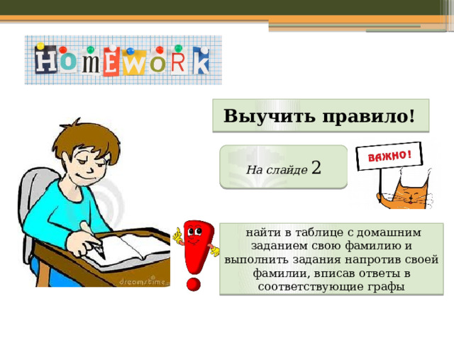  Выучить правило! На слайде 2  найти в таблице с домашним заданием свою фамилию и выполнить задания напротив своей фамилии, вписав ответы в соответствующие графы 