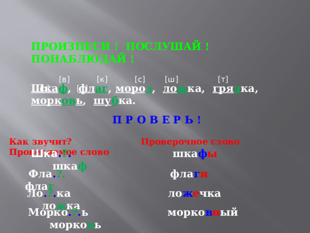 ПРОИЗНЕСИ ! ПОСЛУШАЙ ! ПОНАБЛЮДАЙ !  [в] [к] [с] [ш] [т] [ф] [п] Шка ф , фл аг , моро з , ло ж ка, гря д ка, морк ов ь , шу б ка. П Р О В Е Р Ь ! Как звучит? Проверочное слово Проверяемое слово  Шка . ? .  шка ф ы шка ф  Фла . ?. фла г и фла г  Ло . ? . ка ло ж е чка ло ж ка  Морко . ? . ь морко в н ый морко в ь 