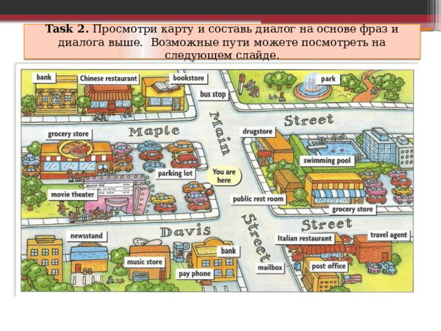 Task 2. Просмотри карту и составь диалог на основе фраз и диалога выше. Возможные пути можете посмотреть на следующем слайде. 