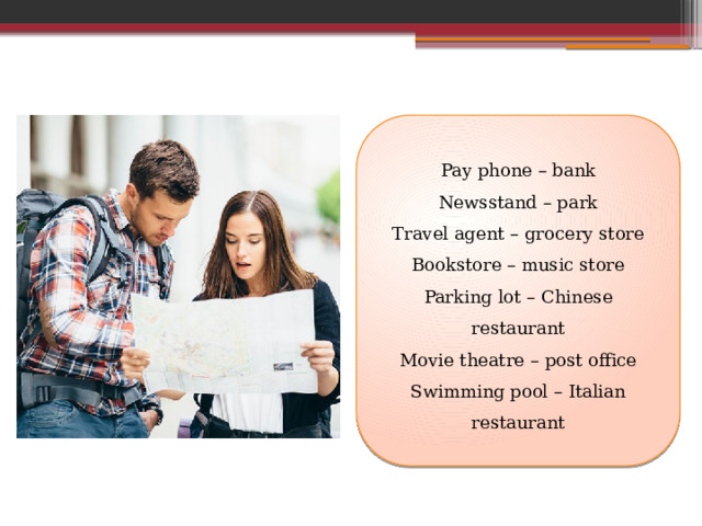 Pay phone – bank Newsstand – park Travel agent – grocery store Bookstore – music store Parking lot – Chinese restaurant Movie theatre – post office Swimming pool – Italian restaurant 