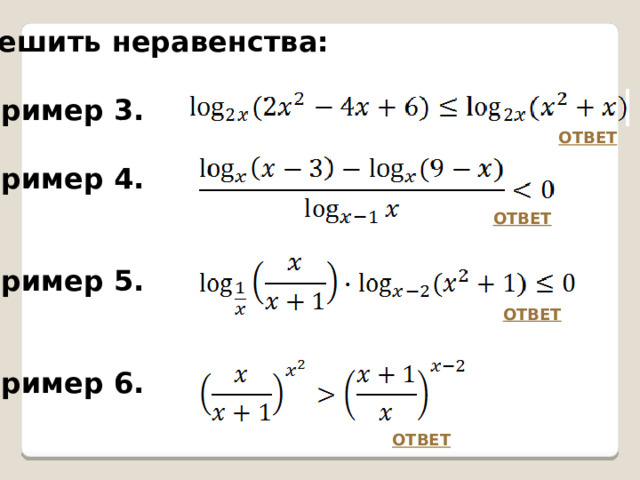 Решить неравенства:  Пример 3.  Пример 4.   Пример 5.   Пример 6. ОТВЕТ ОТВЕТ ОТВЕТ ОТВЕТ 