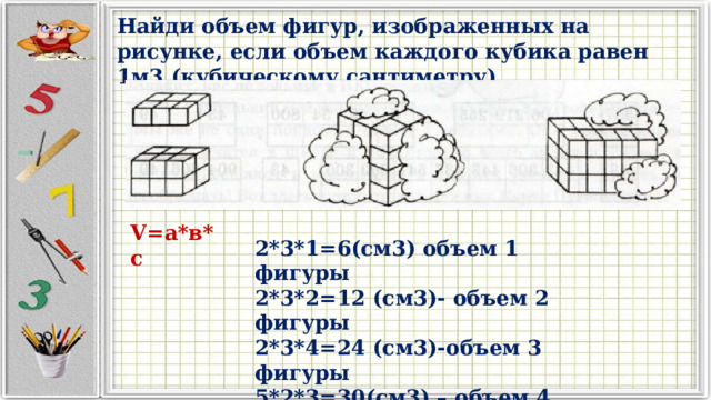 Найди объем фигур, изображенных на рисунке, если объем каждого кубика равен 1м3 (кубическому сантиметру). V=а*в*с 2*3*1=6(см3) объем 1 фигуры 2*3*2=12 (см3)- объем 2 фигуры 2*3*4=24 (см3)-объем 3 фигуры 5*2*3=30(см3) – объем 4 фигуры 