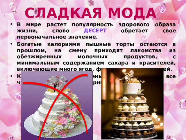 Сладкая мода В мире растет популярность здорового образа жизни, слово десерт обретает свое первоначальное значение. Богатые калориями пышные торты остаются в прошлом, на смену приходят лакомства из обезжиренных молочных продуктов, с минимальным содержанием сахара и красителей, включающие много ягод, фруктов и даже овощей. Кроме того, десерты уменьшаются в размерах, все чаще становясь миниатюрными, порционными. 