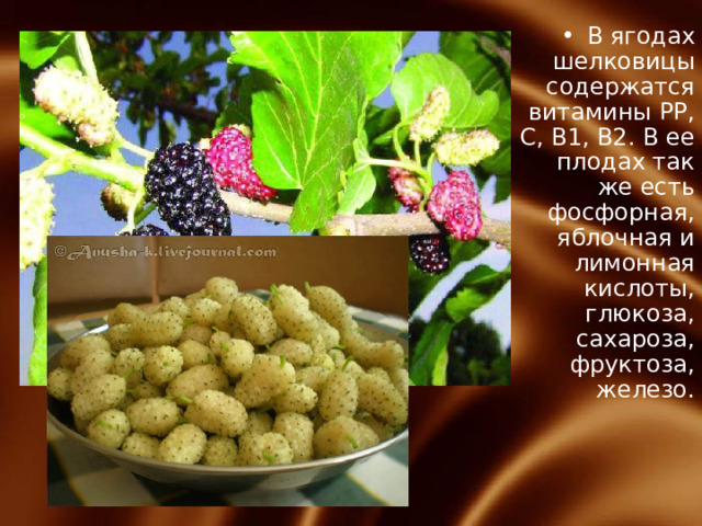 В ягодах шелковицы содержатся витамины PP, C, B1, B2. В ее плодах так же есть фосфорная, яблочная и лимонная кислоты, глюкоза, сахароза, фруктоза, железо.     
