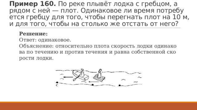 Пример 160.  По реке плывёт лодка с греб­цом, а рядом с ней — плот. Оди­на­ко­вое ли время по­тре­бу­ет­ся греб­цу для того, чтобы пе­ре­гнать плот на 10 м, и для того, чтобы на столь­ко же от­стать от него? Ре­ше­ние: Ответ: оди­на­ко­вое. Объ­яс­не­ние: от­но­си­тель­но плота ско­рость лодки оди­на­ко­ва по те­че­нию и про­тив те­че­ния и равна соб­ствен­ной ско­ро­сти лодки. 