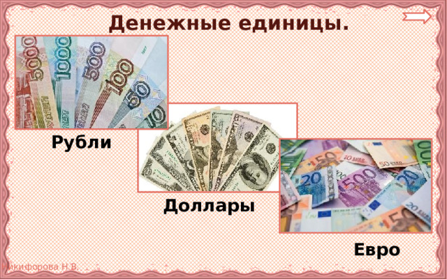 Денежные единицы.  Рубли  Доллары  Евро 