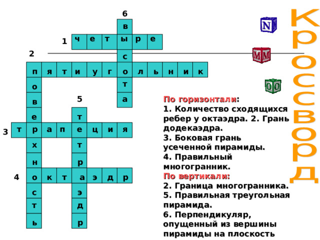 6 в е р ы т е ч 1 2  с 2  к и н ь и л о т у п я г т о 5 По горизонтали :  1. Количество сходящихся ребер у октаэдра. 2. Грань додекаэдра. а 3. Боковая грань усеченной пирамиды. 4. Правильный многогранник. По вертикали:  2 . Граница многогранника. 5 . Правильная треугольная пирамида. 6 . Перпендикуляр, опущенный из вершины пирамиды на плоскость основания.  в т е я и ц е а р т п 3 т х р н 4  э а р д о к т э с т д р ь о 