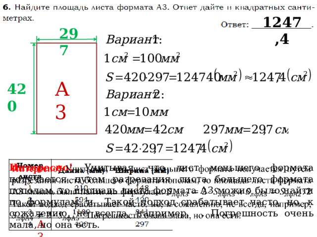 1247,4 297 А3 420 Интересно! Учитывая, что лист меньшего формата получается путем разрезания листа большего формата пополам, то площадь листа формата А3 можно было найти по формулам: и Такой подход срабатывает часто, но, к сожалению, не всегда, например, . Погрешность очень мала, но она есть.   А3 