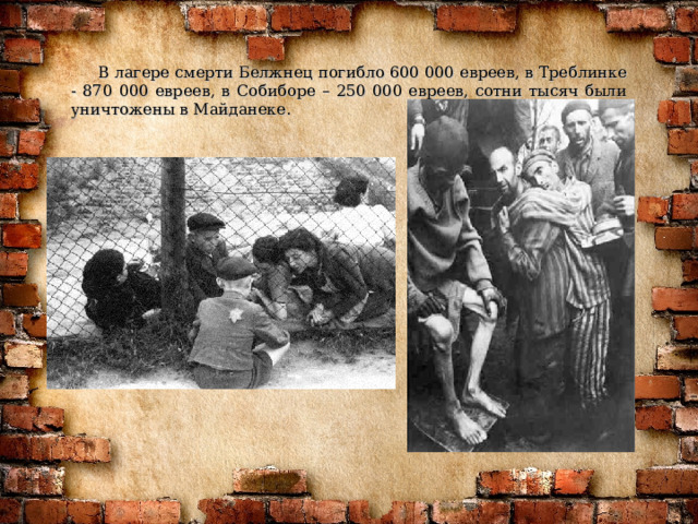  В лагере смерти Белжнец погибло 600 000 евреев, в Треблинке - 870 000 евреев, в Собиборе – 250 000 евреев, сотни тысяч были уничтожены в Майданеке.  